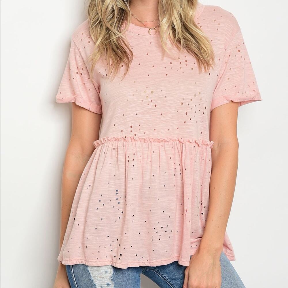 Pink Bubblegum Blush Distressed Babydoll Top Short Sleeve Flowy Peplum Size L